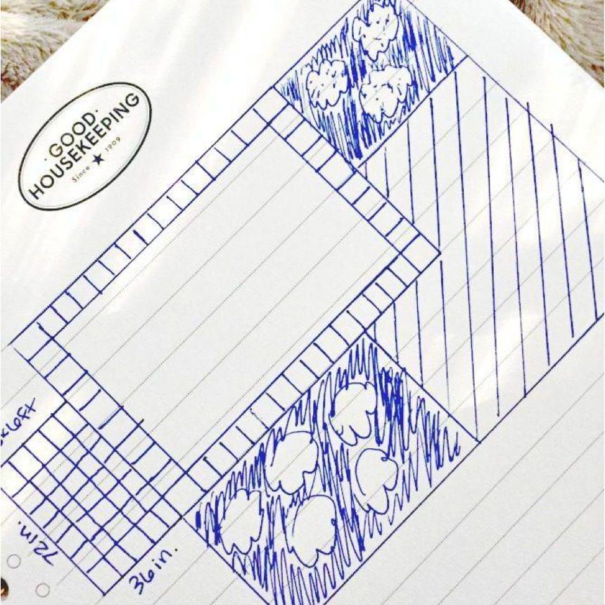 A sketch of a landscaping plan on white notebook paper